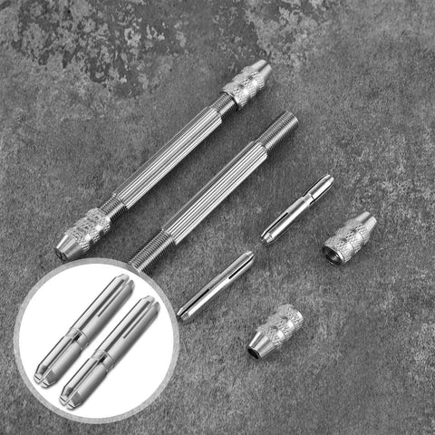 Go To Dual Ended Pin Vise Kit Featuring Two Mini Hand Drills and Four Copper Chucks on a textured surface.