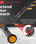 Heavy Duty Rolling Magnetic Sweeper Workhorse With Adjustable Handle Mega Pull Yard Boss Gear For Scrap Pickup And Garage Cleanup Solid Steel Frame 36 Inch Wide Magnet with adjustable handle shown