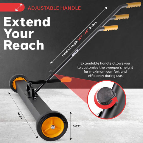 Heavy Duty Rolling Magnetic Sweeper Workhorse With Adjustable Handle Mega Pull Yard Boss Gear For Scrap Pickup And Garage Cleanup Solid Steel Frame 36 Inch Wide Magnet with adjustable handle shown