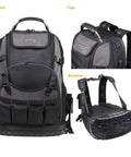 Heavy Duty Tool Backpack With 79 Pockets And 65 Molle Loops Massive Storage For Electricians And HVAC Pros Front, Top, Bottom View