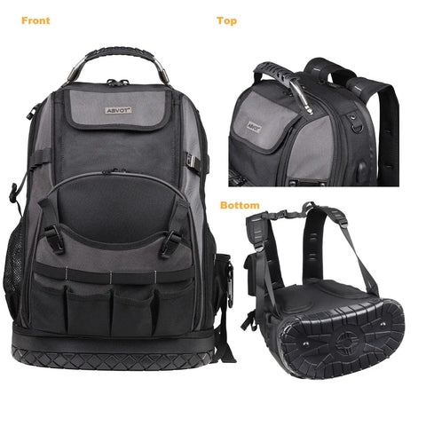 Heavy Duty Tool Backpack With 79 Pockets And 65 Molle Loops Massive Storage For Electricians And HVAC Pros Front, Top, Bottom View