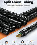 Heavy Duty Flexible Corrugated Conduit For Cable Protection Built From Pa66 Nylon Or Polyethylene That Bends Smoothly Around Tight Corners For Zero Sweat Wire Routing On Jobsites Or Home Upgrades, showcasing black split loom tubing.