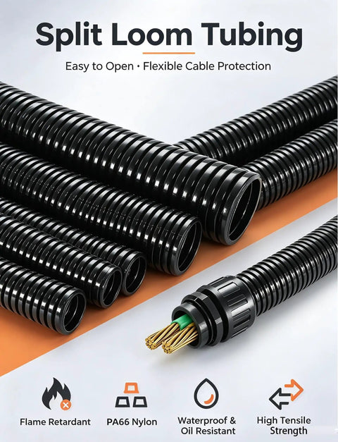 Heavy Duty Flexible Corrugated Conduit For Cable Protection Built From Pa66 Nylon Or Polyethylene That Bends Smoothly Around Tight Corners For Zero Sweat Wire Routing On Jobsites Or Home Upgrades, showcasing black split loom tubing.