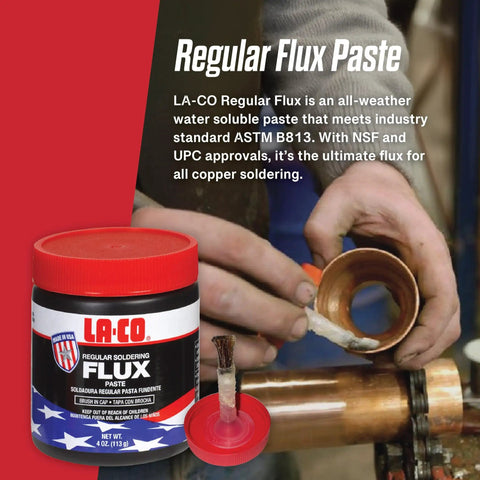 Water Soluble Copper Flux Paste for Soldering, All Weather Plumbing Grade, Brush In Cap, 4 Oz, Non Toxic, Lead Free, No Zinc Chloride, Helps Solder Flow Like A Pro And Cleans Pipes, Made In USA, shown with open cap and brush applying flux to pipe.