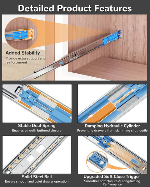 14 Inch Side Mount Soft Close Drawer Slides Set With 5 Pairs Heavy Duty Full Extension, Tough As Nails Built To Last Metal Ball Bearing Runners, Quiet Self Closing Dresser Glides, Mounting Brackets Included, 100 Pound Capacity on cabinet