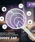 Electric Fly Zapper Racket Two Pack 3000V Rechargeable Bug Killer for Indoor and Outdoor Use in action with insects