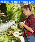 Woman watering garden using Solid Brass Garden Hose Quick Connectors Kit With Three Quarter Inch GHT Thread, Leak Free