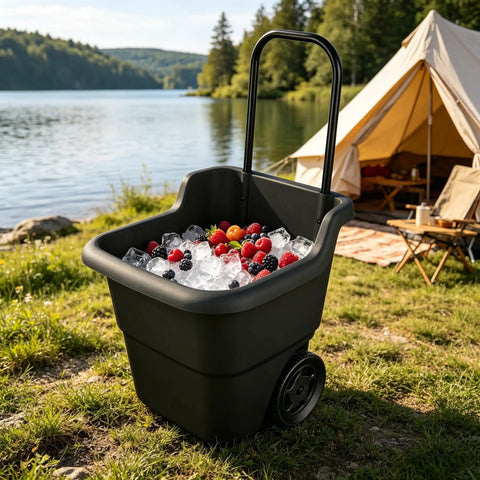 Heavy Duty 15 Gallon Rolling Garden Cart With Retractable Handle And 7 Inch Wheels For Outdoor Yard Work A Real Workhorse Lightweight Resin Utility Wagon For Gardening Lawn And Home Hauling loaded with ice and berries by a tent and lake