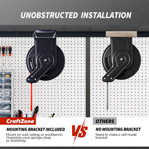 No More Snagging Lines, Retractable Air Compressor Hose Reel With Auto Rewind for 50 Foot mounted with unobstructed installation.