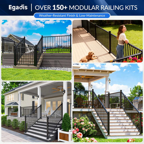 36 Inch Aluminum Deck And Porch Railing Kit With 6 Foot Modular Rail System In Bold Black Textured Powder Coat AAMA 2604 Finish Includes One Post And One Panel For Outdoor Decks Porches Balconies And Stairs