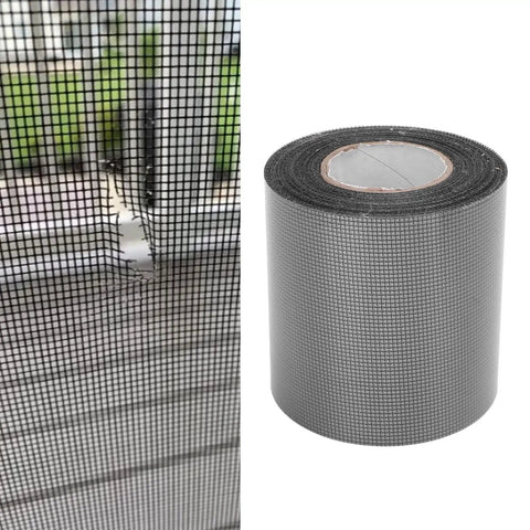 Strong Adhesive Screen Repair Tape For Windows And Doors No Tool Needed Quick Fix For Tears And Cracks Self Adhesive Backing Easy Cut And Apply Durable Black Screen Repair Versatile Home Use shown with roll and applied