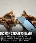 Rope Cutter For Jet Ski Jam Tool 18 Inch PWC Intake Removal With Serrated Blade cutting thick rope showcasing blade precision