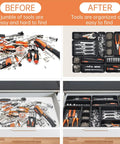 Before and after of 45 Pack Tool Box Organizer Trays And Dividers For Drawer And Toolbox Garage Storage Set organizing tools in drawer.