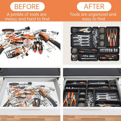 Before and after of 45 Pack Tool Box Organizer Trays And Dividers For Drawer And Toolbox Garage Storage Set organizing tools in drawer.