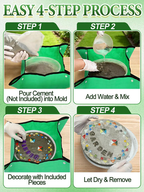 DIY Three Sizes Stepping Stone Kit With 10.5 11 And 12 Inch Concrete Molds Mosaic Tiles Carving Tools Two Packs Of Letter And Number Stamps Gloves And Mat Cement Not Included Create Custom Outdoor Garden Walkway Stones shown in step-by-step process