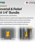 Top Notch Dovetail And Relief Router Bit Bundle 1/4" featuring carbide blades and laser-etched guides for precise woodworking.