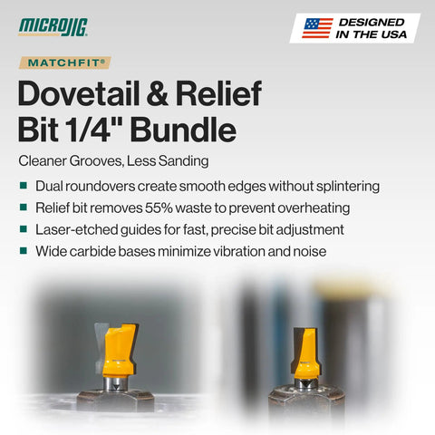 Top Notch Dovetail And Relief Router Bit Bundle 1/4" featuring carbide blades and laser-etched guides for precise woodworking.
