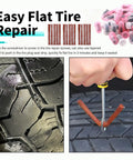Beefed Up All In One Flat Tire Repair Kit With 60 Screws, 15 Tire Plugs shown repairing tire tread with screwdriver and seal strips