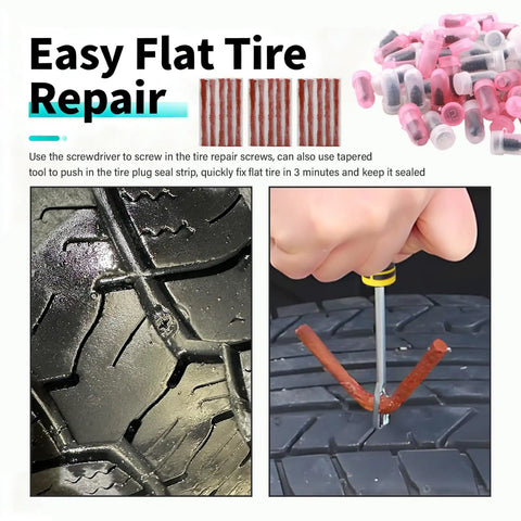 Beefed Up All In One Flat Tire Repair Kit With 60 Screws, 15 Tire Plugs shown repairing tire tread with screwdriver and seal strips