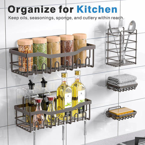 Five Piece No Drill Adhesive Shower Caddy Set With Rustproof Stainless Steel Bathroom Organizer in kitchen with spices and oils