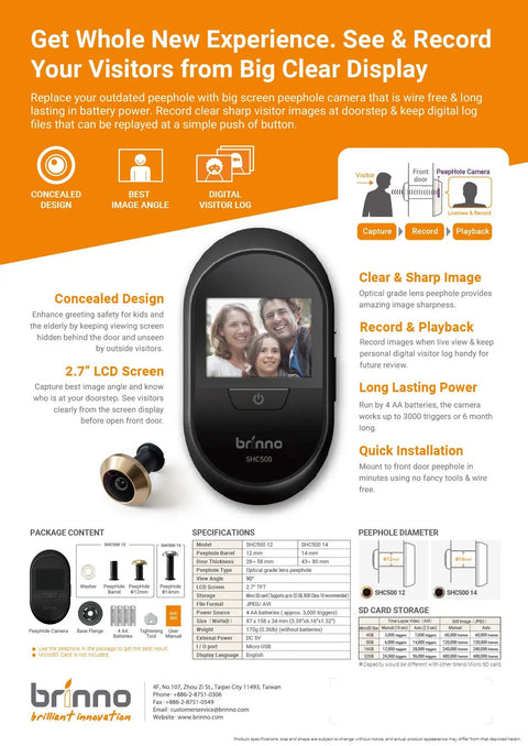 Front Door Peephole Wireless Security Camera with Large Screen, Theft Proof Design, Quick Easy Installation shown with features.