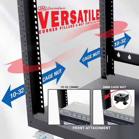 Killer 12U Open Frame 19 Inch Rack With Smooth Locking Casters And Dual Adjustable Shelves For AV Networking Rig showing installation details.
