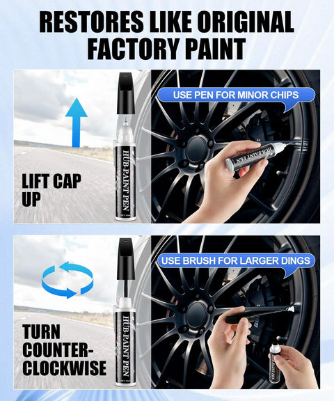 Slick Gloss Black Rim Repair Kit For Universal Alloy Wheels Quick Curb Rash And Scratch Touch Up Pen No Sweat Three Step Wheel Paint Fix. Instructions on using pen and brush.