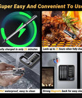 Four Probe Wireless Meat Thermometer With WiFi And Bluetooth Non Phone Connect Mode For Grilling On Rotisserie Grill Or Oven Like A Pro, Waterproof And Dishwasher Safe, showing charging, cooking, and waterproofing.
