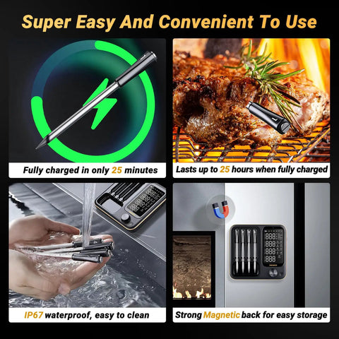Four Probe Wireless Meat Thermometer With WiFi And Bluetooth Non Phone Connect Mode For Grilling On Rotisserie Grill Or Oven Like A Pro, Waterproof And Dishwasher Safe, showing charging, cooking, and waterproofing.