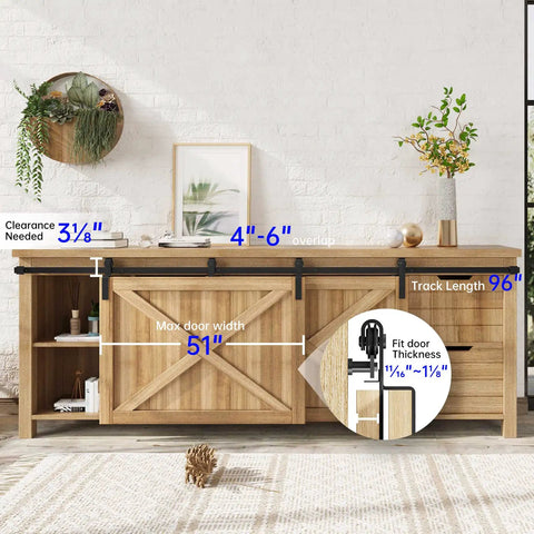 8 ft Mini Cabinet Bypass Sliding Barn Door Hardware Track Kit with Hella Smooth Quiet Nylon Rollers on a wooden cabinet.