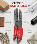 Multi-Cut 401 heavy-duty utility cutter with materials like wood, plastic, leather, and rope in background, 15+ material cutting ability