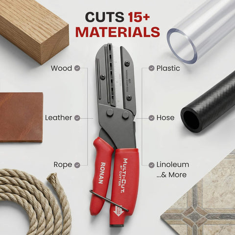 Multi-Cut 401 heavy-duty utility cutter with materials like wood, plastic, leather, and rope in background, 15+ material cutting ability