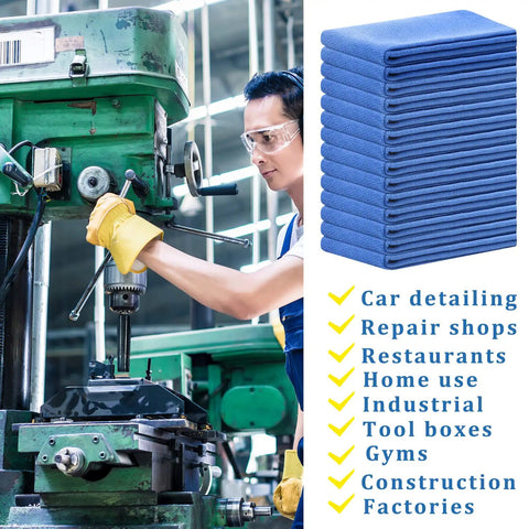 Worker using machinery with stacked Blue Huck Towels 50 Pack Bulk Absorbent Cotton Shop Towels 25.2 By 16.93 Inches on side