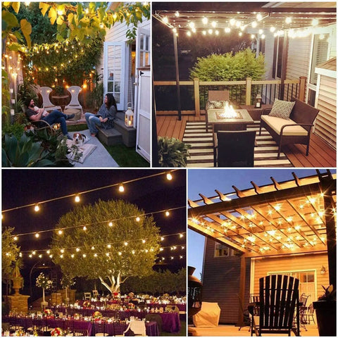 Outdoor LED String Lights 150ft S14 Dimmable Patio Lights IP65 Waterproof With 48 Shatterproof Bulbs creating warm backyard glow
