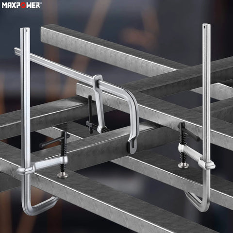 Deep Throat F Clamp For Welding Heavy Duty Bar Clamp With 15 5 8 Inch Jaw Opening And 5 5 8 Inch Deep Throat Forged Hardened Steel Quick Adjust Sliding Arm Pack Of Four shown securing metal bars