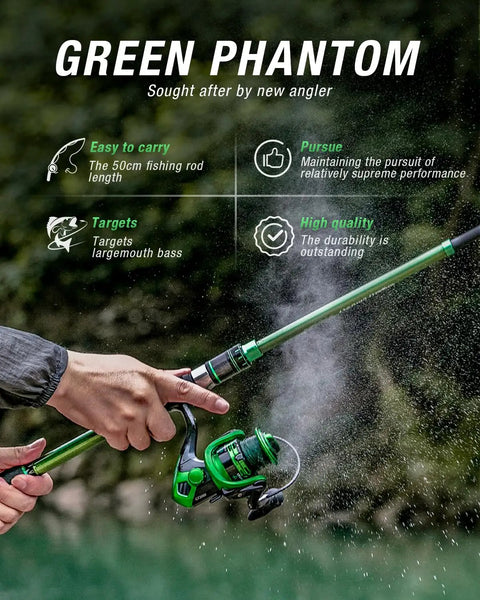 Person holding a green Graphite Telescoping Fishing Rod And Reel Combo With Carrier Bag Go-To Portable Travel Kit over water spray.