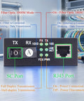 Snag This Gigabit Fiber Optical Media Converter For Serious Speed Up To 3Km With Auto Negotiation On 10 100 1000Mbps And Smooth Single Mode SC Upto Connections, showing SC and RJ45 ports with status indicators.