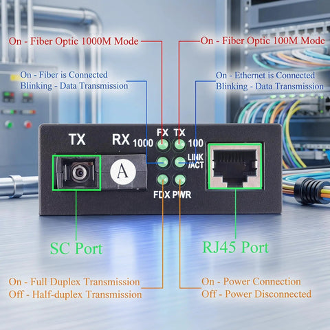 Snag This Gigabit Fiber Optical Media Converter For Serious Speed Up To 3Km With Auto Negotiation On 10 100 1000Mbps And Smooth Single Mode SC Upto Connections, showing SC and RJ45 ports with status indicators.