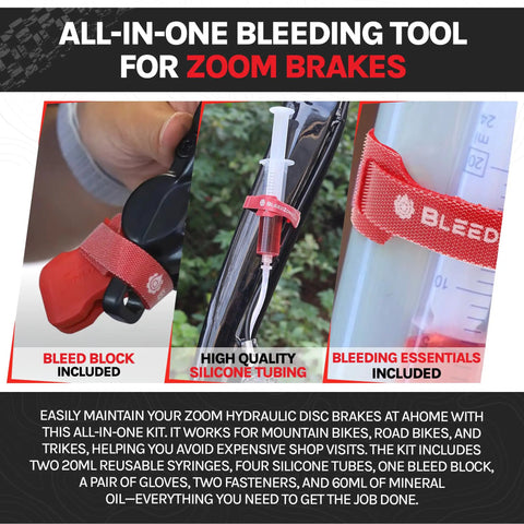 Brake Bleed Kit For Zoom Hydraulics Easy Bleed System with bleed block, syringe, silicone tubing, for MTB and road bikes.