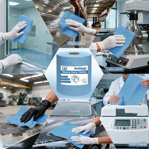 Tough As Nails Heavy Duty Cleaning Cloths Blue Lint Free Industrial Wipes Super Absorbent Shop Towels For Auto Degreasing Lab Equipment And Cleanroom Tasks 15X10 Inch 500 Pack displayed in various industrial settings.