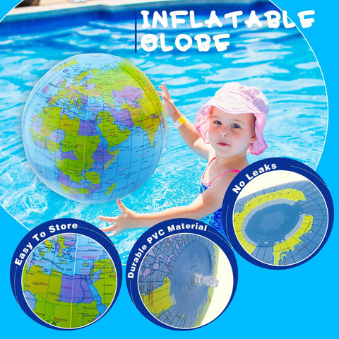 Child playing with 12 Pack 16 Inch Inflatable World Globe Ball For Kids And Adults Cool Beach Pool Party Fun Bags Classroom Learning Geography Games Party Favors And Decorations PVC Earth Globe in pool.