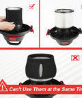 Cartridge Filter And Foam Sleeve Set For Most 5 Gallon And Larger Wet Dry Vacuums Includes Brush Tool Replacement Parts 9058500 9030400 9034400 3 Pieces showing separate usage of filters with warning sign indicating they can't be used together.