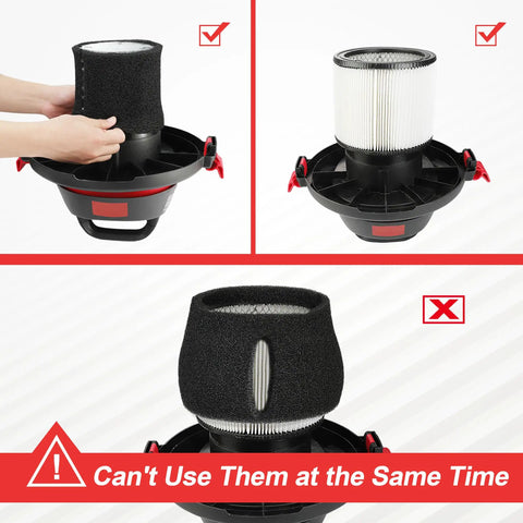 Cartridge Filter And Foam Sleeve Set For Most 5 Gallon And Larger Wet Dry Vacuums Includes Brush Tool Replacement Parts 9058500 9030400 9034400 3 Pieces showing separate usage of filters with warning sign indicating they can't be used together.