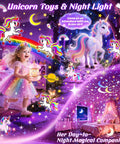 Collage of Unicorn Night Light Projector for Kids Room scenes with unicorns, rainbow, and girl in a magical, starry room.