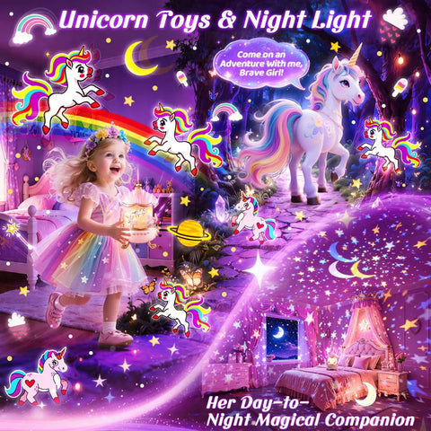 Collage of Unicorn Night Light Projector for Kids Room scenes with unicorns, rainbow, and girl in a magical, starry room.