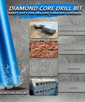 Wet Diamond Core Drill Bits For Concrete With Rebar And Masonry, 4-1/2 Inch Cutter shown with reinforced concrete and brick samples.