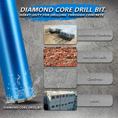 Wet Diamond Core Drill Bits For Concrete With Rebar And Masonry, 4-1/2 Inch Cutter shown with reinforced concrete and brick samples.