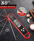 Ultra Fast Instant Read Digital Meat Thermometer with IP67 Waterproof, 180° foldable probe, magnetic mount on kitchen counter.