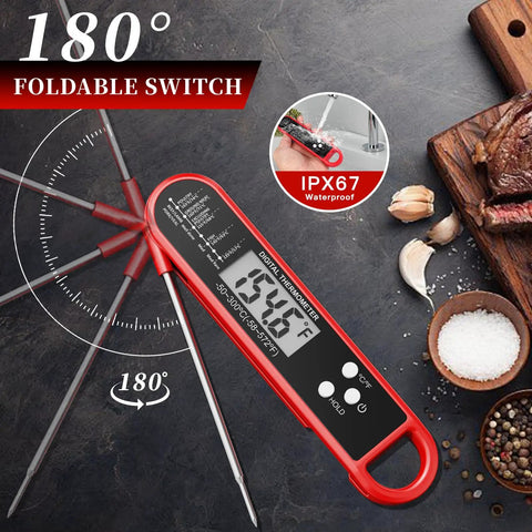 Ultra Fast Instant Read Digital Meat Thermometer with IP67 Waterproof, 180° foldable probe, magnetic mount on kitchen counter.