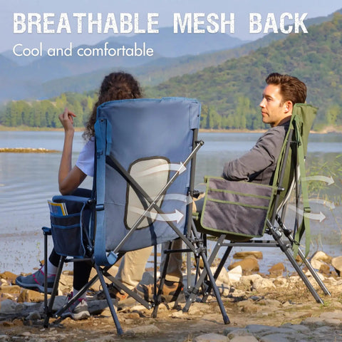 Oversized Folding High Back Lawn Chair for Adults With Cup Holder, Carrying Strap, Hard Armrests, 400Lb Capacity, Blue, Ideal for Camping, Fishing, Hunting, Sports, and Backyard shown by a lake